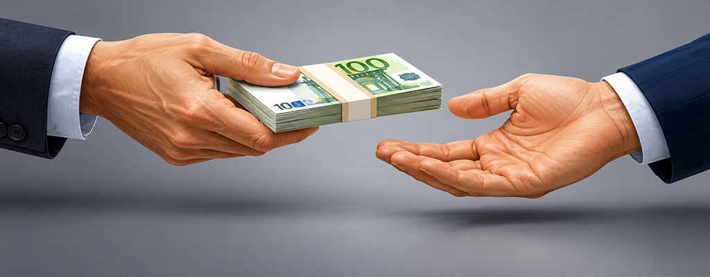 Illustration symbolique de la traduction juridique du terme français « soulte » en espagnol par les expressions « compensación financiera » ou « compensación económica », représentée par un échange d’argent entre deux hommes d’affaires.