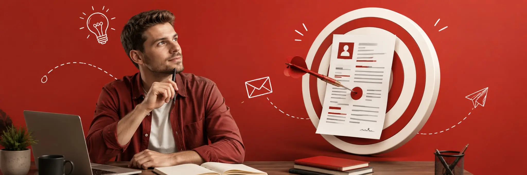 Conseils pour réussir son CV en espagnol : homme pensif devant son ordinateur portable avec une cible symbolisant un CV percutant