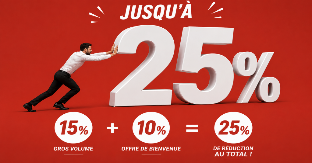 Visuel promotionnel Hispeo annonçant jusqu’à 25 % de réduction sur des services de traduction espagnol-français, avec 15 % de remise gros volume et 10 % d’offre de bienvenue.